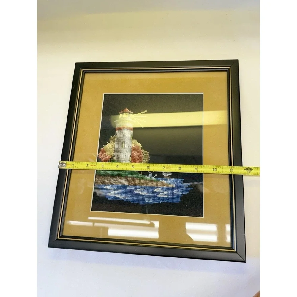 Vintage Completed Light House Ocean Cross Stitch Framed Picture 13